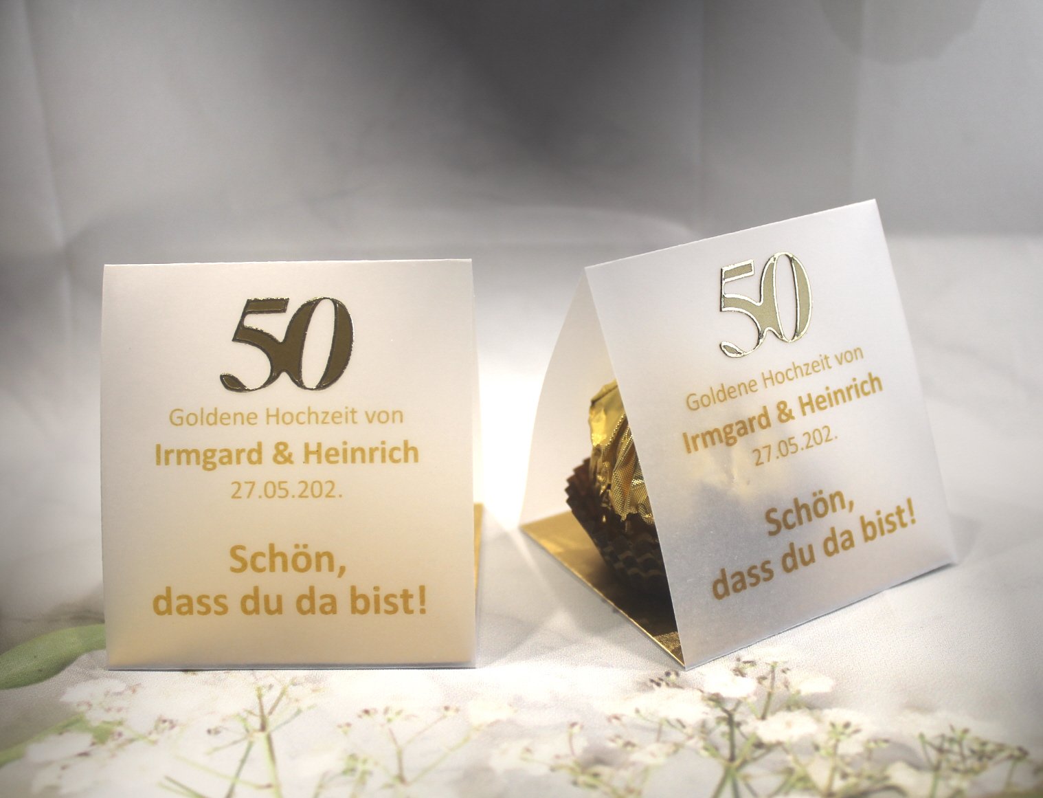Gastgeschenk zur Goldenen Hochzeit mit Pergament, Schön dass du da bist, für jeden Gast, zum kleinen Preis! Design 900 OHNE Rocher Kugeln!! – Bild 6