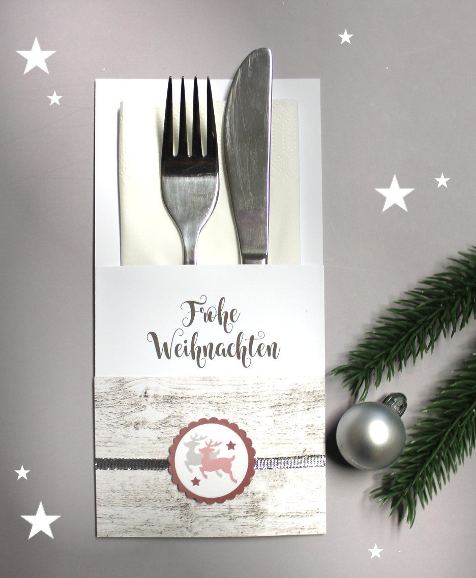 Bestecktasche mit Holzoptik zu Weihnachten mit Motiv "Hirsch" Design 902 Mindestbestellmenge 10 Stück – Bild 2
