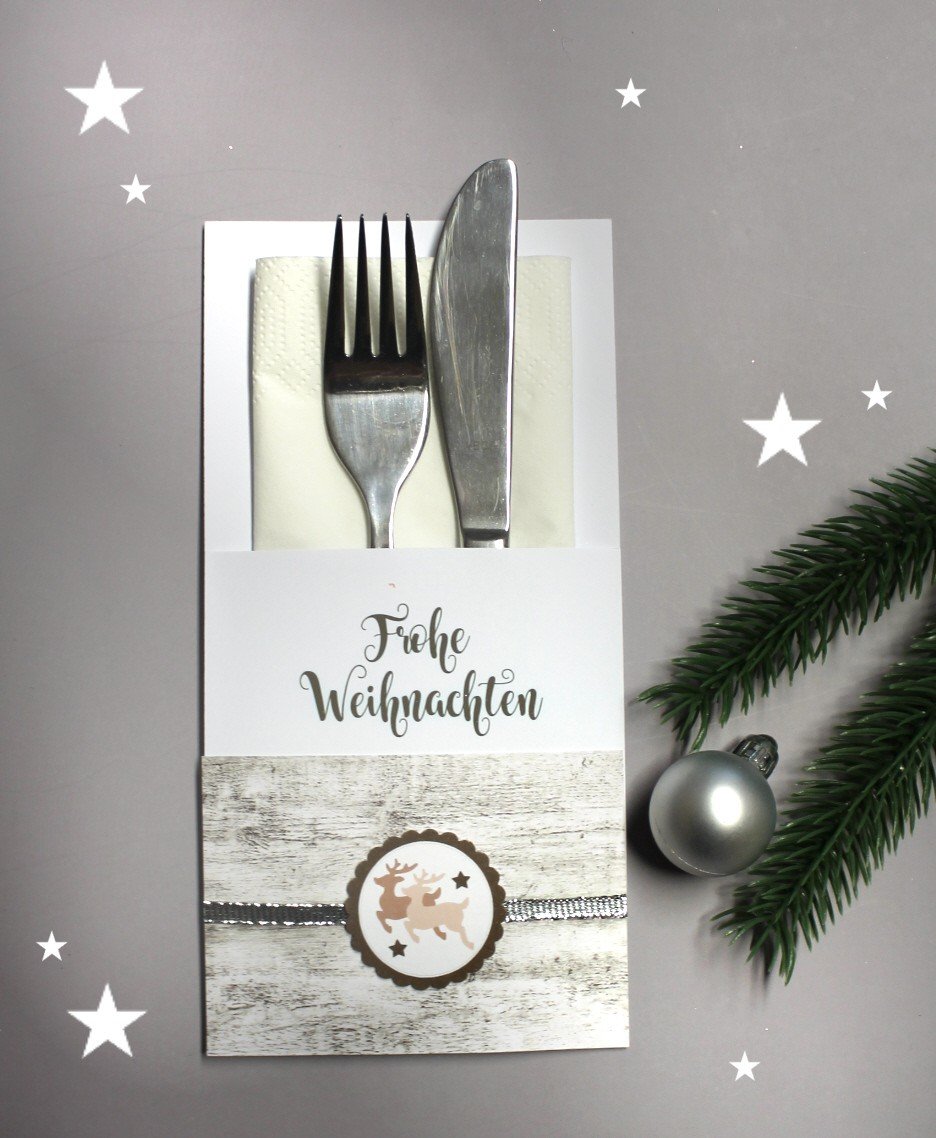 Bestecktasche mit Holzoptik zu Weihnachten mit Motiv "Hirsch" Design 902 Mindestbestellmenge 10 Stück – Bild 3