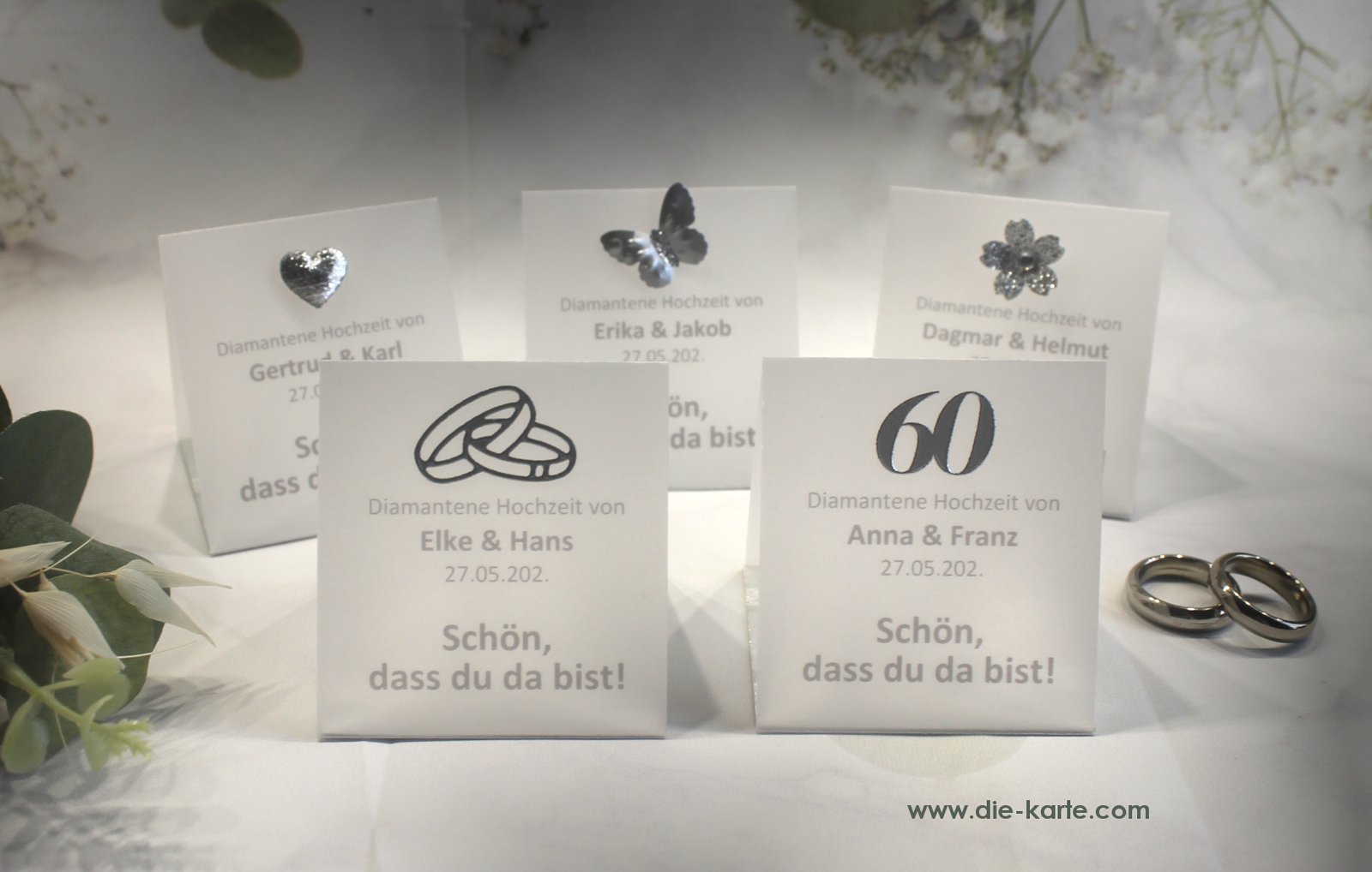Gastgeschenk zur Diamantenen Hochzeit mit Pergament, Schön dass du da bist, für jeden Gast, zum kleinen Preis! Design 900 OHNE INHALT!!
