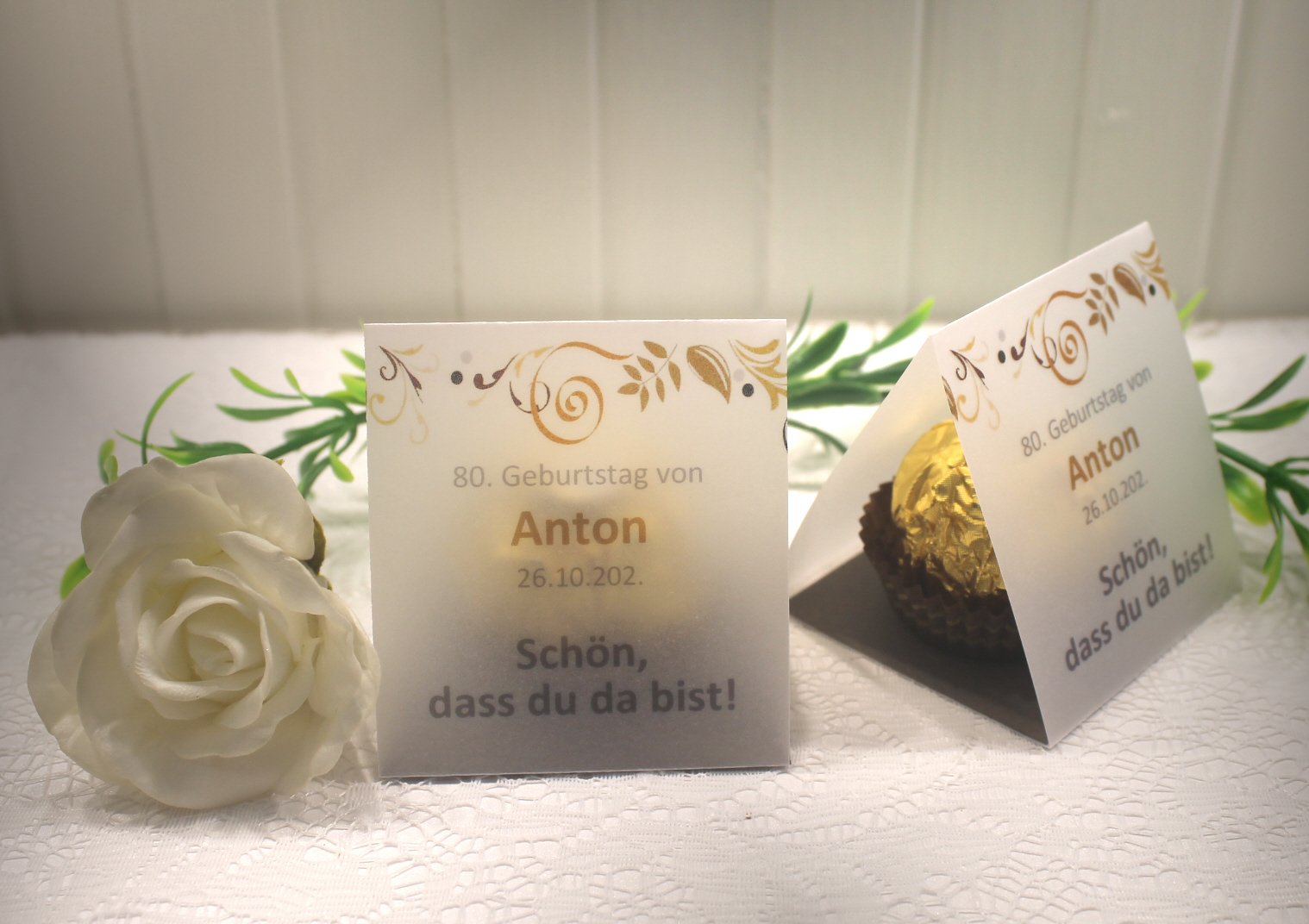 Gastgeschenk "Kleines GOODIE" zum Geburtstag, Pergament, Ornamente Schön dass du da bist, zum kleinen Preis! Design 904 OHNE Rocher Kugeln!! – Bild 3