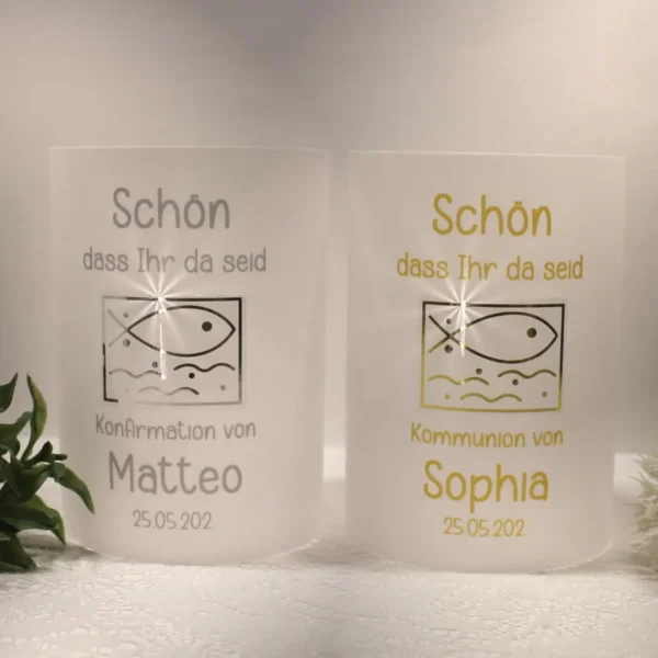 Lichthülle, Windlicht Pergament zur Taufe, Konfirmation oder Kommunion "Fisch silber oder gold glänzend" Design 915