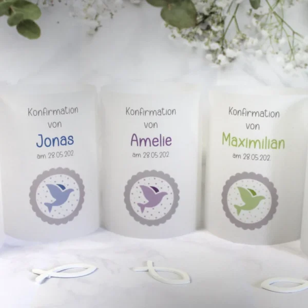 Lichthülle, Windlicht Pergament zur Konfirmation, Kommunion oder Taufe, zum kleinen Preis!! Design 915 Taube