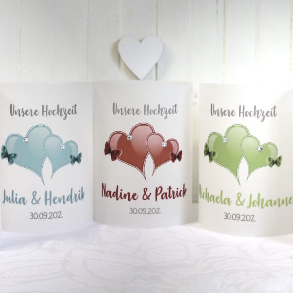 Lichthülle, Windlicht Pergament zur Hochzeit zum kleinen Preis!! Design 930, 2 Herzen mit Strasssteinen