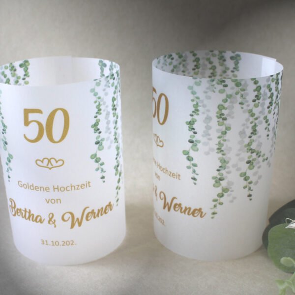 Lichthülle, Windlicht Pergament zur Goldenen Hochzeit "Eukalyptusranke" Design 946