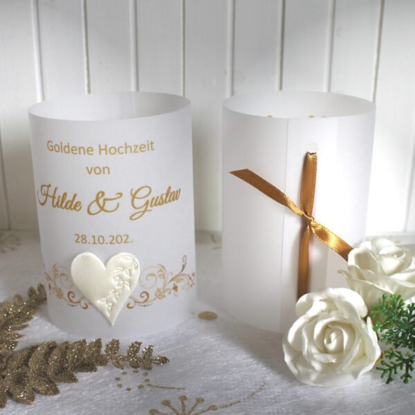 Lichthülle, Windlicht Pergament zur Goldenen Hochzeit, zum kleinen Preis!! Design 952 Satinherz mit Blätterprägung