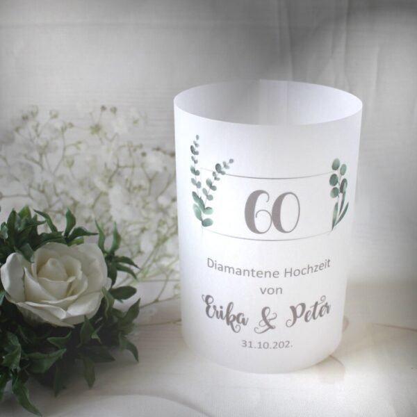 Lichthülle, Windlicht Pergament "Zur diamantenen Hochzeit" Eukalyptusrahmen Design 956