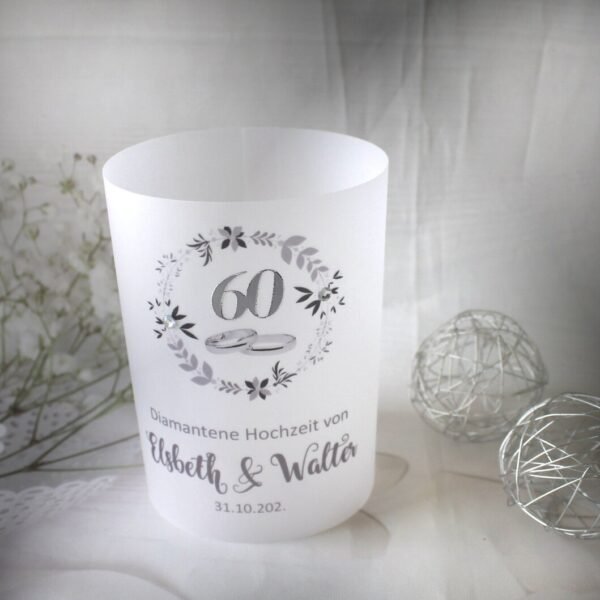 Lichthülle, Windlicht Pergament "Zur diamantenen Hochzeit" Blütenkranz Design 961