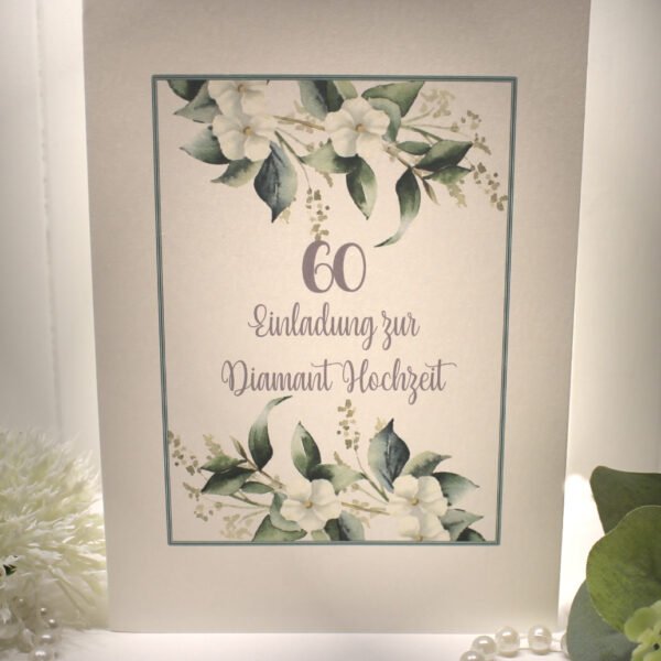 Einladungskarte "weisse Blüten" für Ihre Diamantene Hochzeit, incl. Umschlag zum kleinen Preis Design DI 01