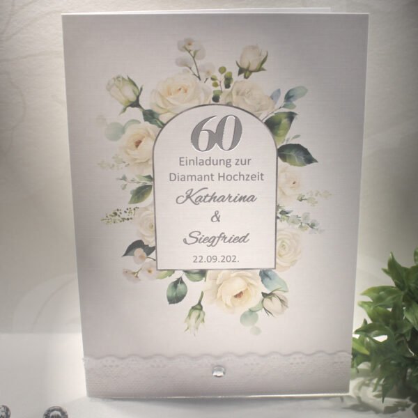 Einladung zur Diamantenen Hochzeit "Rosen" aus edlem Feinleinenkarton incl. Personalisierung und Umschlag Design 8021