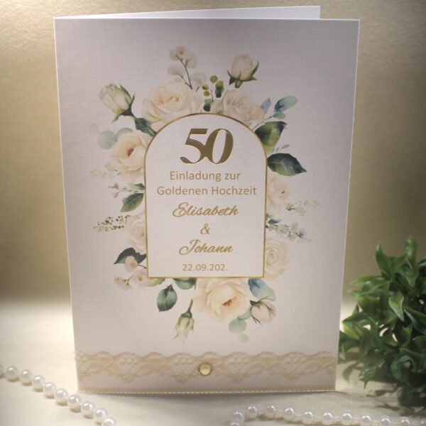 Einladung zur Goldenen Hochzeit "Rosen" aus edlem Feinleinenkarton incl. Personalisierung und Umschlag Design 8020