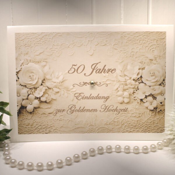 Einladungskarte "Spitze champagner" für Ihre Goldene Hochzeit incl. Umschlag Design GO 05