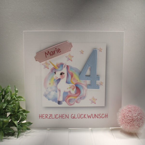 Glückwunschkarte zum Geburtstag Mädchen, Einhorn mit Personalisierung und auf Wunsch als Geldgeschenk Design 145