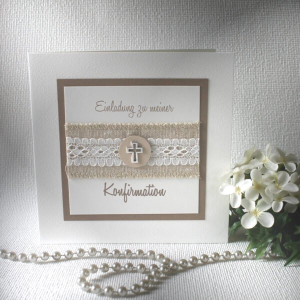 Bastelset DIY Einladung zur Konfirmation, Kommunion oder Firmung echtes Leinen mit Spitze und Kreuz incl. Umschlag Design K13