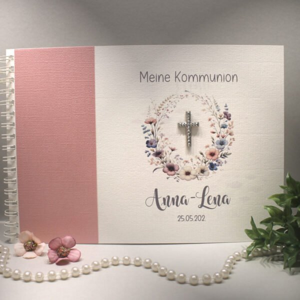 Gästebuch "Blüten mit Kreuz silber" zur Konfirmation, Kommunion, Firmung oder Taufe zum kleinen Preis! Design K31 GÄ