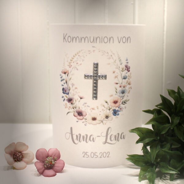 Lichthülle, Windlicht Pergament zur Taufe, Konfirmation oder Kommunion "Kreuz mit Blüten" Design K31 WL