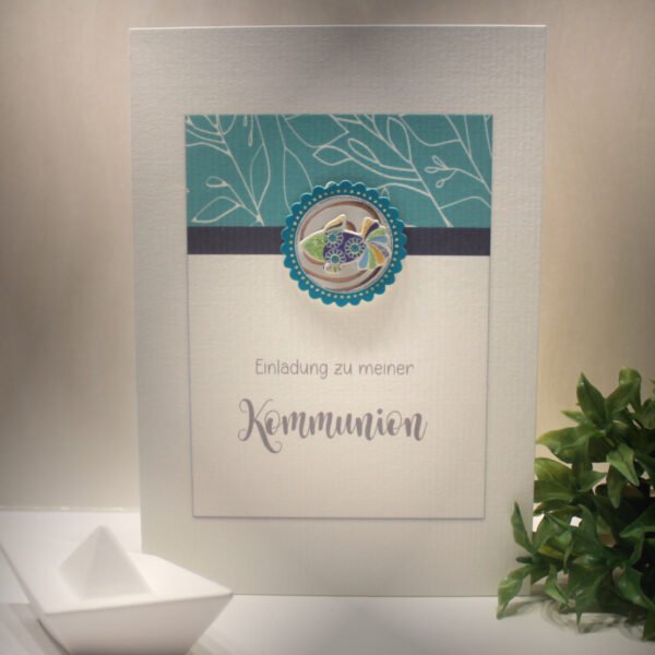 Einladungskarte "Fisch türkis" zur Konfirmation, Kommunion oder Firmung incl. Umschlag zum kleinen Preis Design K34