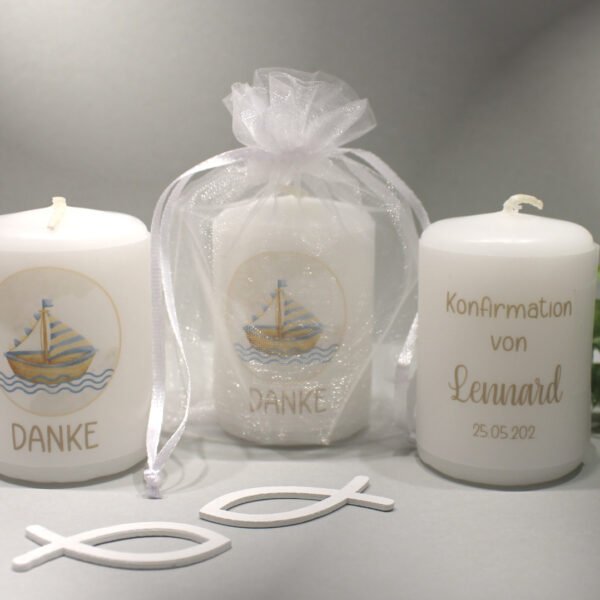 Gastgeschenk Kerze "Boot" im Organzasäckchen, zum kleinen Preis! Design K35 DK