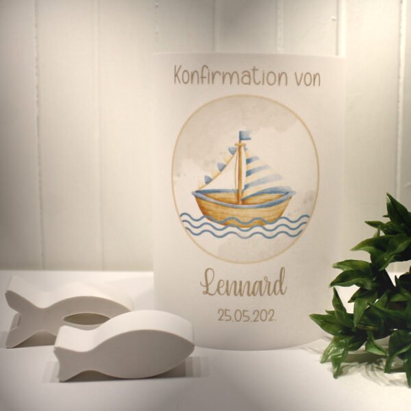 Lichthülle, Windlicht Pergament zur Taufe, Konfirmation oder Kommunion "Boot" Design K35 WL