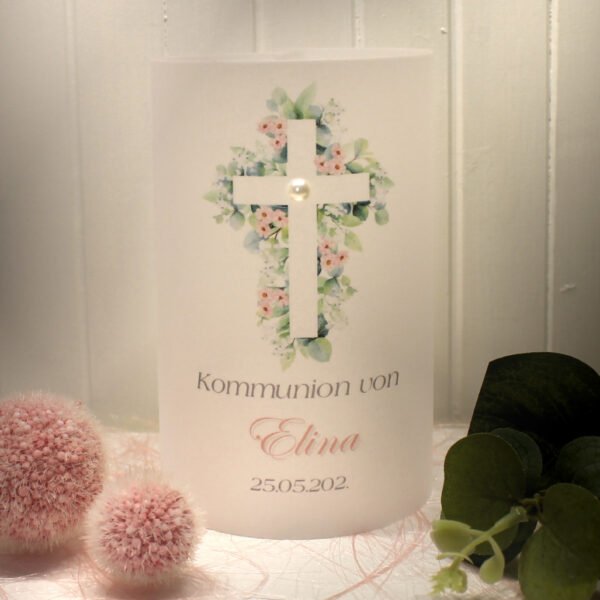 Lichthülle, Windlicht Pergament zur Taufe, Konfirmation oder Kommunion "Blütenkreuz" Design K36 WL