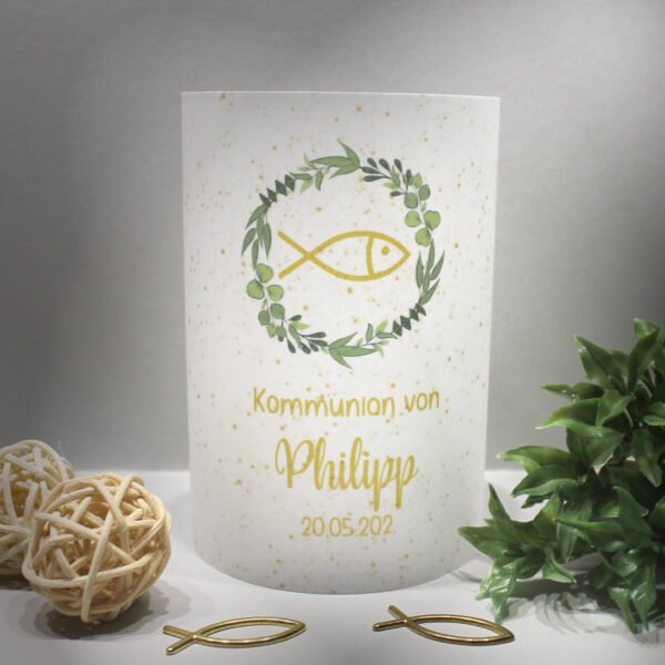 Lichthülle, Windlicht Pergament zur Taufe, Konfirmation oder Kommunion "Blätterkranz" Design K37 WL