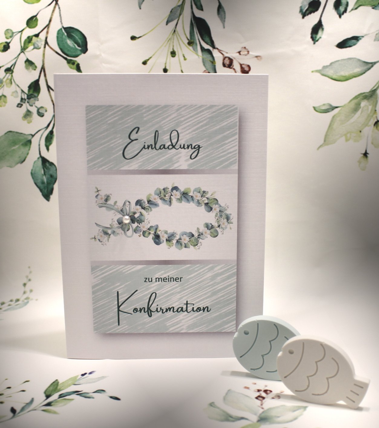 Einladungskarten zur Konfirmation-Kommunion-Firmung-Taufe incl. Umschlag zum kleinen Preis! Design K45 Eukalyptus Fisch