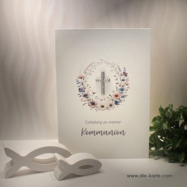 Einladungskarten Blütenkranz mit Kreuz zur Konfirmation, Kommunion oder Firmung incl. Umschlag Design K31