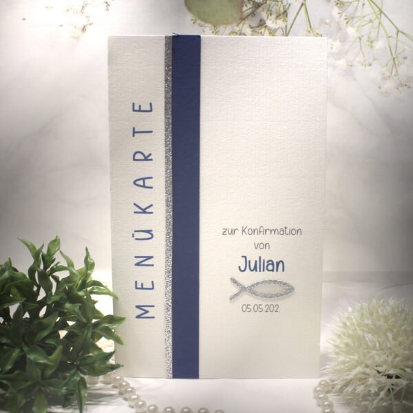 Bastelset DIY "blau" Menükarte zur Konfirmation, Kommunion oder Taufe Design K18