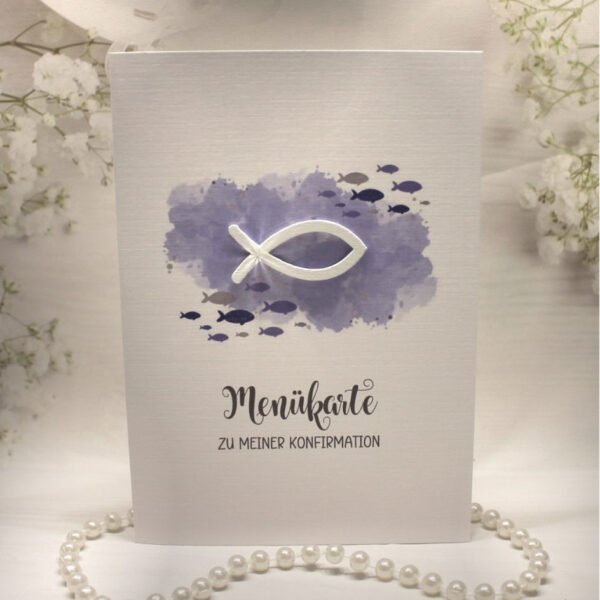 Menükarte zur Konfirmation, Kommunion oder Taufe „lila" Design K30