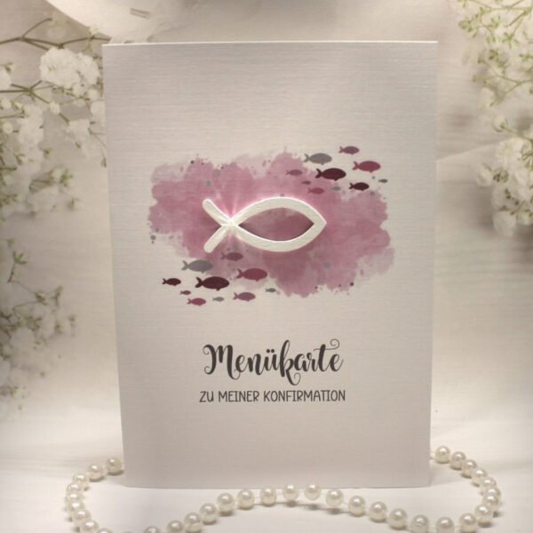 Menükarte zur Konfirmation, Kommunion oder Taufe „rosa" Design K30