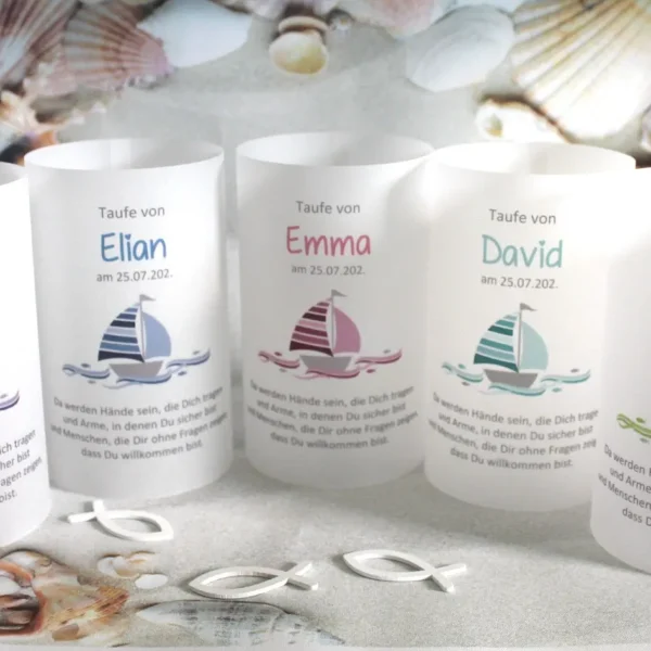 Lichthülle, Windlicht Pergament zur Taufe, Konfirmation, Kommunion oder Firmung "Schiff" Design 206