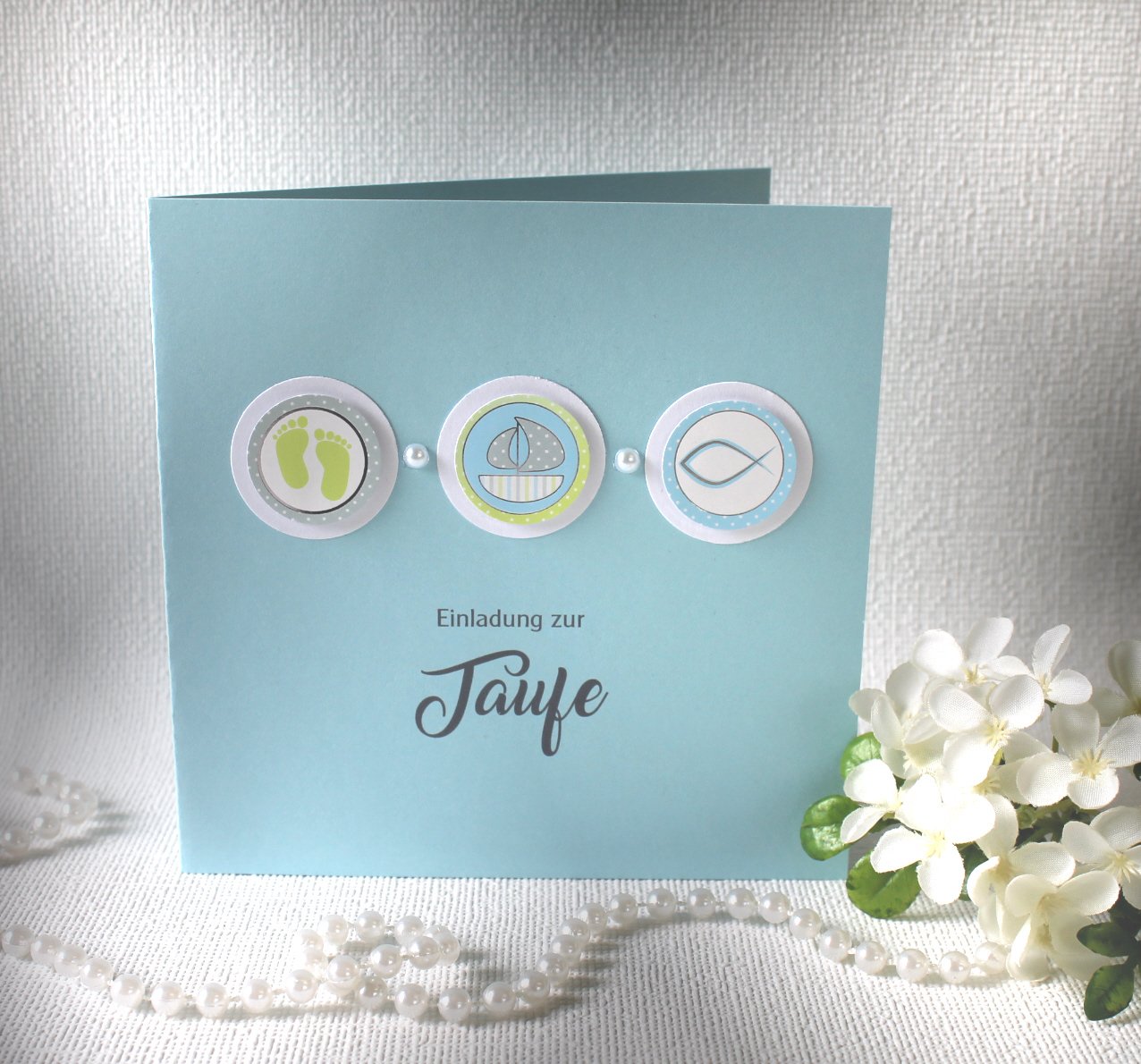 Bastelset DIY Einladung zur Taufe "3 Symbole" hellblau, hochwertige Qualität incl. Umschlag & Einlegeblatt Design TA03