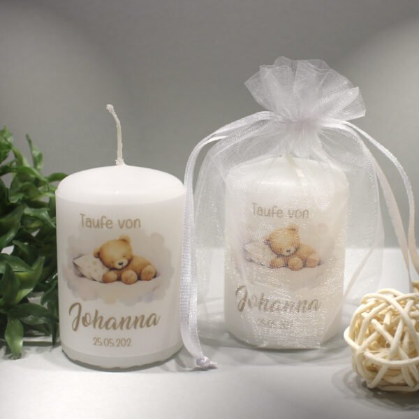 Gastgeschenk Kerze zur Taufe "kleiner Bär" im Organzasäckchen, zum kleinen Preis! Design TA08