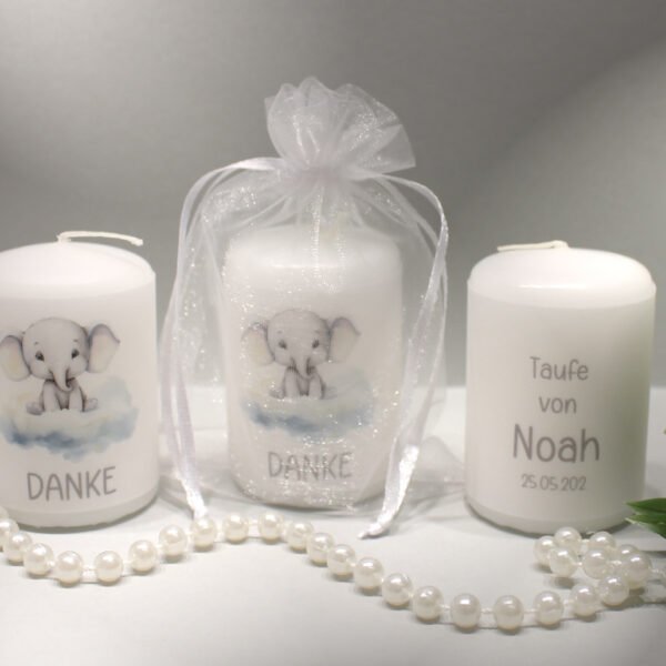 Gastgeschenk Kerze zur Taufe "kleiner Elefant" im Organzasäckchen, zum kleinen Preis! Design TA10