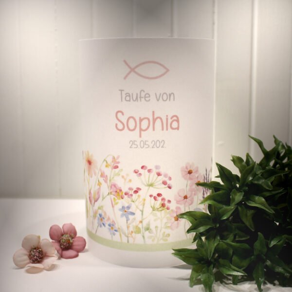 Lichthülle, Windlicht Pergament "Blumenwiese" zur Taufe, Konfirmation oder Kommunion  Design TA12 WL