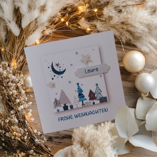 Weihnachtskarte Bäume türkis mit Personalisierung und auf Wunsch als Geldgeschenk Design W300