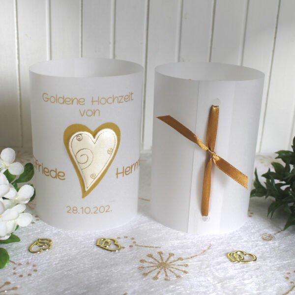Lichthülle, Windlicht Pergament zur Goldenen Hochzeit, zum kleinen Preis!! Design 951 Satinherz mit goldenen Kringeln