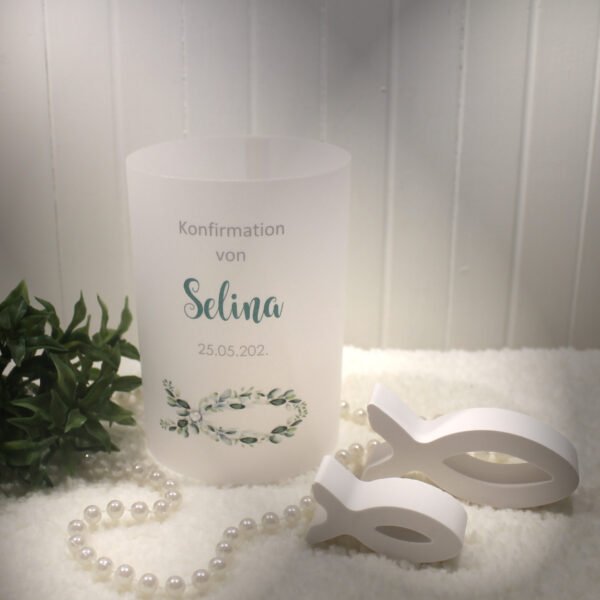 Lichthülle, Windlicht Pergament zur Taufe, Konfirmation oder Kommunion "Eukalyptusfisch" Design 322