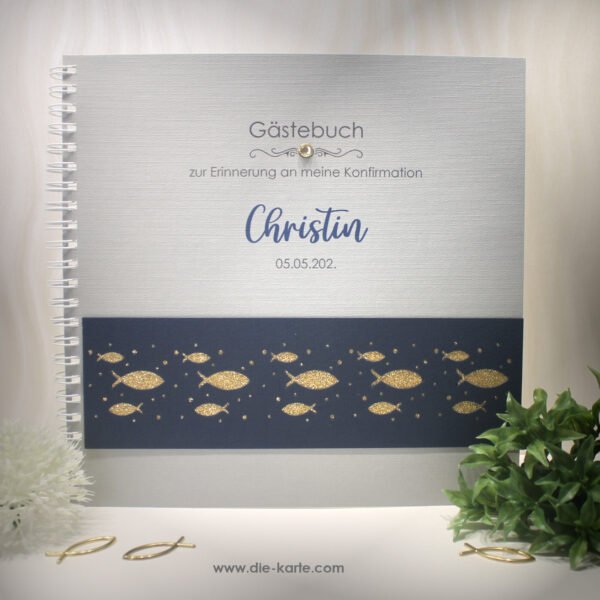 Gästebuch "Fisch gold" zur Konfirmation, Kommunion, Firmung oder Taufe Design 5010