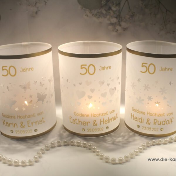 Lichthülle, Windlicht Pergament "das Besondere" für Ihre Goldene Hochzeit, Schmetterlinge, Herzen oder Blüten Design 912