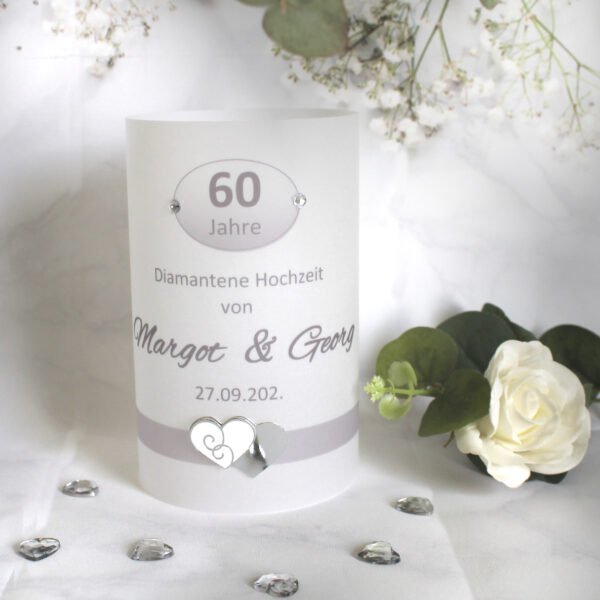 Lichthülle, Windlicht Pergament "Zur diamantenen Hochzeit" mit Herzen Design 409