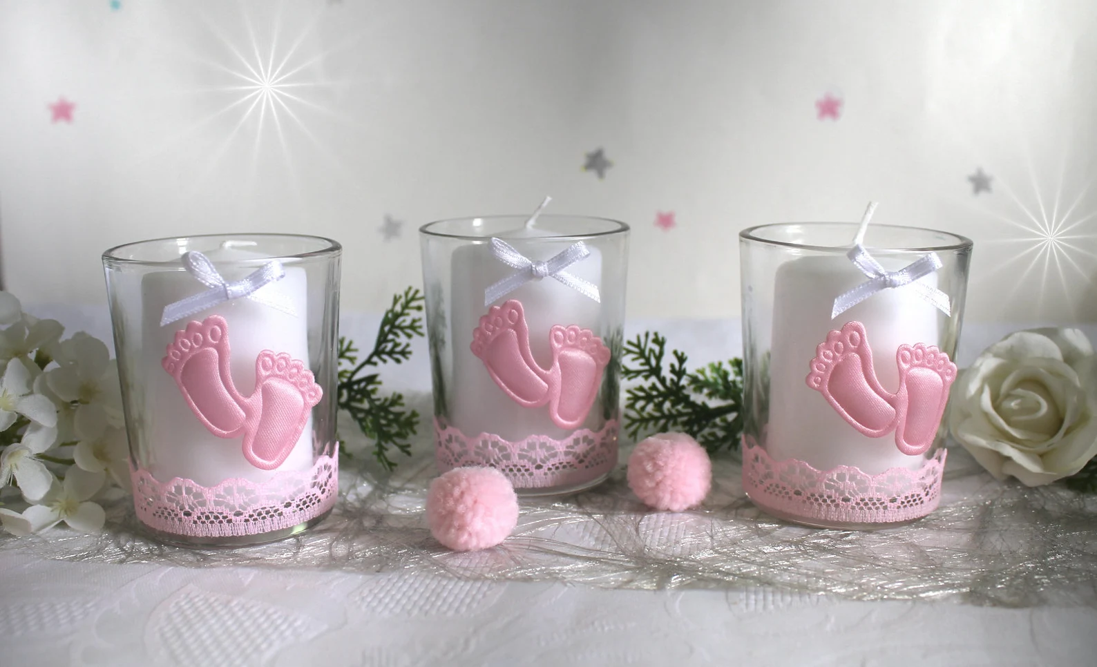 Tischdeko Taufe – 3er Set Dekogläser Design "Kleine Füße" Design 200 rosa