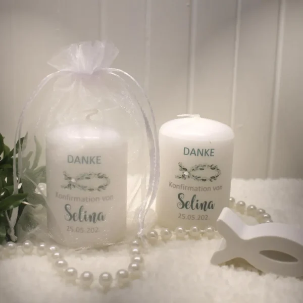 Gastgeschenk Kerze zur Taufe "Eukalyptusfisch" im Organzasäckchen, zum kleinen Preis! Design 322