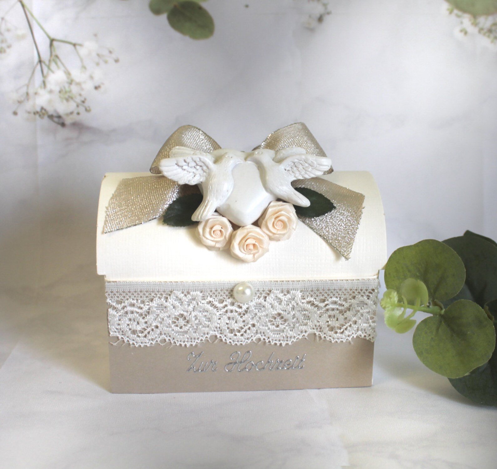 Geldgeschenk Hochzeit "Taubenherz" mit sehr edlen Materialien Design 513