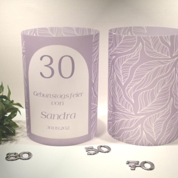 Lichthülle, Windlicht Pergament zum Geburtstag "lila" mit Jahreszahl Design 7210